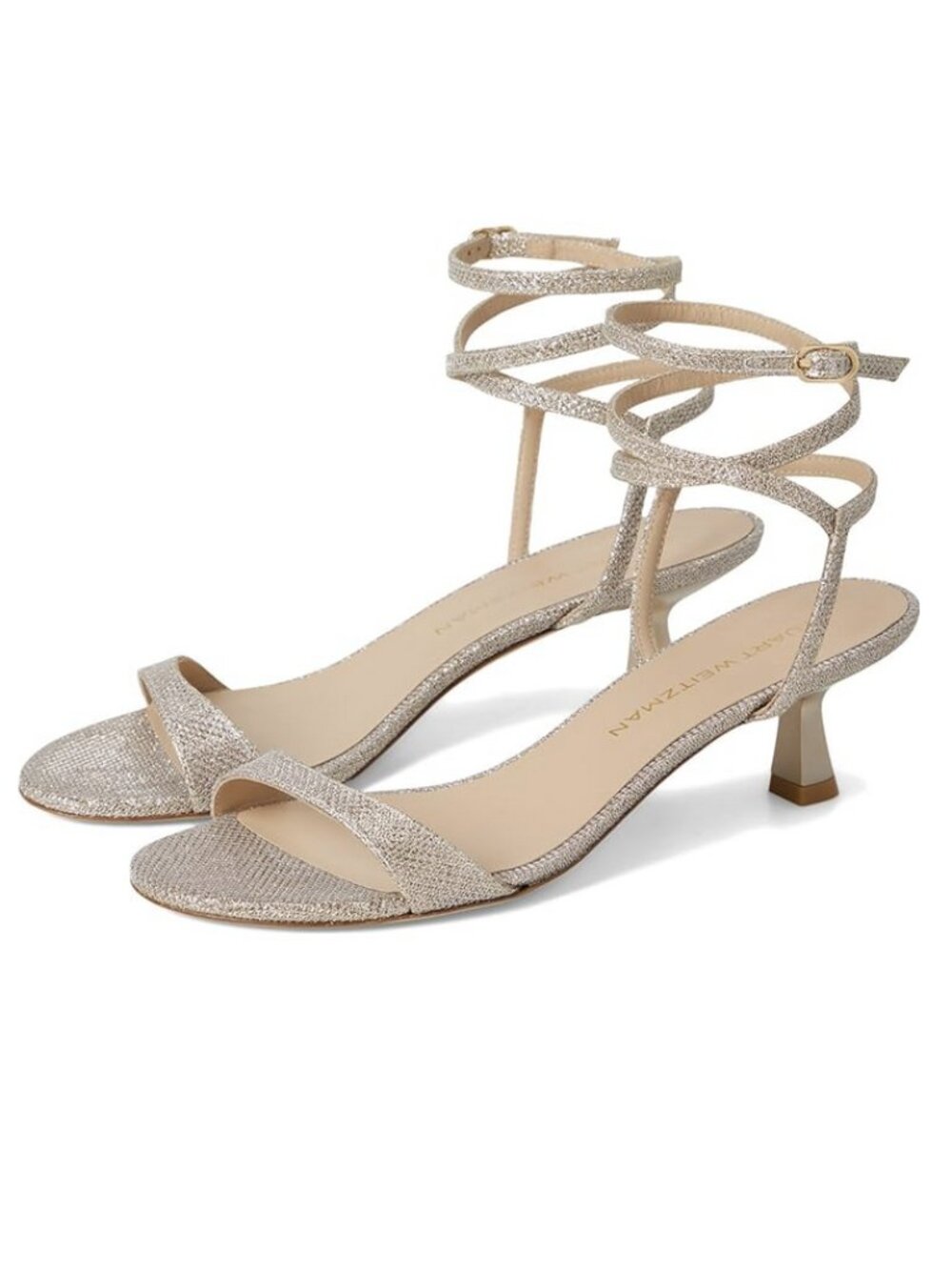 7 Stuart Weitzman Sparkly Kitten Heel Round Toe Strappy Ankle Wrap Sandal Slide